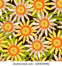 Beautiful Seamless Yellow Flower Pattern with Green Leaves. Stylized Gerbera or Daisy. Vector Flowers in Hipster Style. African Camomile Gasania. Seamless Orange Flowers for Print, Cloth, Fabric.