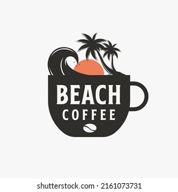 Beautiful seascape beach and coffee logo vector illustration template