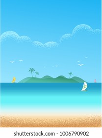 Beautiful seascape beach with white sand, wave of sea, sailboat and sun rays. Text for travel agents. Summer offers Vector texture style concept illustration.