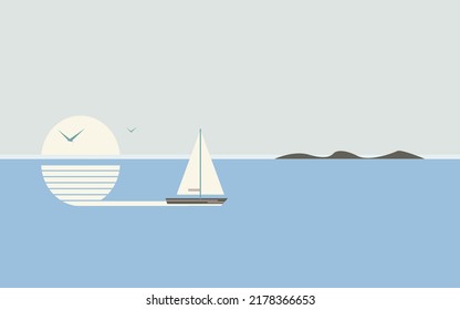 Beautiful seascape. A boat or yacht floats on the sea against the backdrop of the sun.