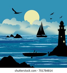 Beautiful seascape with boats and lighthouse on a cloudy day, vector illustration