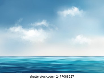 Beautiful seascape. Marine background. Calm sea, blue sky and clouds. Panoramic sea view