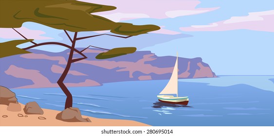Beautiful seascape, Mediterranean, sea, sailboat, vector illustration