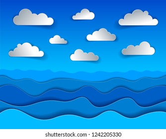 Beautiful seascape in paper cut style, curvy lines of waves and clouds in the sky, perfect modern vector illustration.