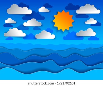 Beautiful seascape in paper cut style, curvy lines of waves and clouds in the sky, perfect modern vector illustration.