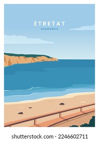 beautiful seascape of with rock cliff and beach in Etretat Normandy, France. vector illustration landscape with colored style for poster, travel poster, postcard, card, art print.