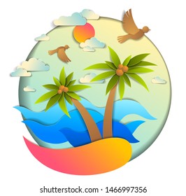 Beautiful seascape with sea waves, beach and palms, birds clouds and sun in the sky, vector illustration in paper cut style, seashore summer beach holidays theme.