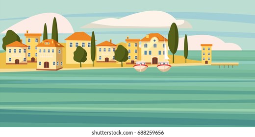 Beautiful seascape, southern city by the sea, houses,cartoon, boats, vector, illustration