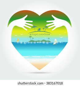 Beautiful seascape Summer in heart with hug hand concept Vector illustration