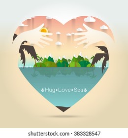 Beautiful seascape Summer in heart with hug hand concept Vector illustration