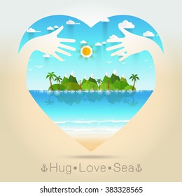 Beautiful seascape Summer in heart with hug hand concept Vector illustration