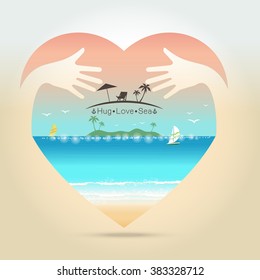 Beautiful seascape Summer in heart with hug hand concept Vector illustration
