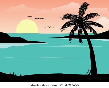 beautiful seascape sunset view with hills and palm tree vector