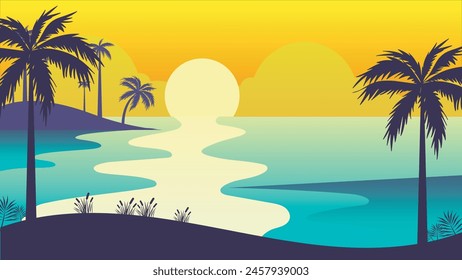 beautiful seascape sunset view with hills and palm tree vector