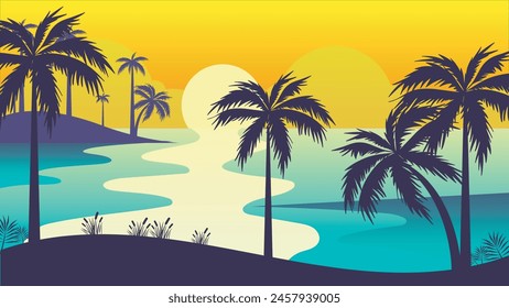 beautiful seascape sunset view with hills and palm tree vector