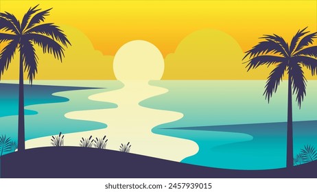 beautiful seascape sunset view with hills and palm tree vector
