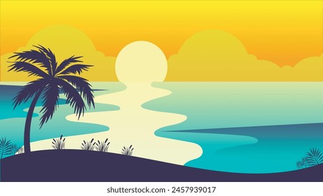 beautiful seascape sunset view with hills and palm tree vector