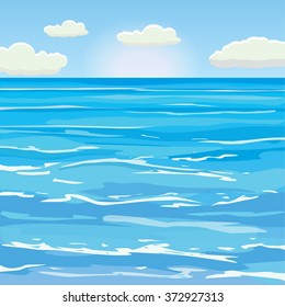 Beautiful seascape, waves, foam, clouds, vector, illustration