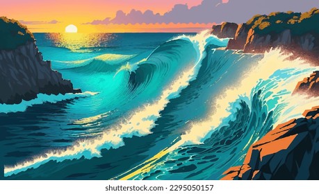 Beautiful seascape with waves and sunset, vector illustration.