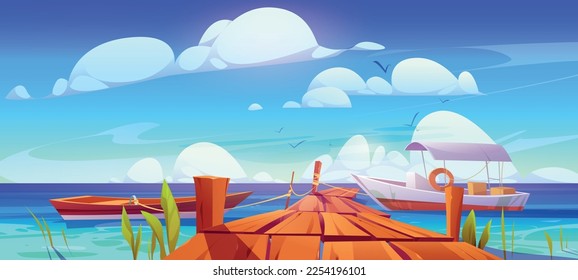 Hermoso paisaje marino con puentes de madera y botes. Dibujo vectorial de la antigua pasarela y vista al mar o al océano con agua clara bajo el cielo azul con nubes esponjosas blancas. Suntuoso paisaje tropical