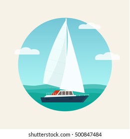 Beautiful Seascape with  Yacht  in Blue Sea. Vector flat illustration.