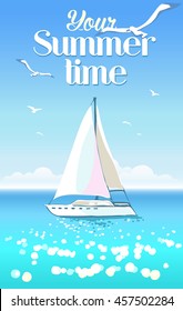 Beautiful seascape with yacht and seagulls on clear sky
