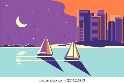 Beautiful seascape. Yachts or a sea regatta sail or compete against the backdrop of the evening or night sky. Near the city landscape.