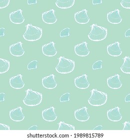 beautiful seashell vector seamless pattern white seashells on turquoise background fan. Oyster marine pattern. Design for fabrics, textiles, packaging, paper. Concept of under water ocean