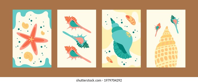 Beautiful seashells collection of contemporary art posters. Sea world illustration set in pastel colors. Cute seashells and starfish on gentle background. Sea life concept for banners, website design