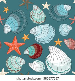 Beautiful seashells with colorful starfish seamless pattern. Vector illustration on blue background