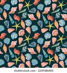 Beautiful seashells, corals and starfishes Seamless pattern ,Marine background. Vector illustration hand drawn pop colour ,Design for fashion , fabric, textile, wallpaper, wrapping and all prints 
