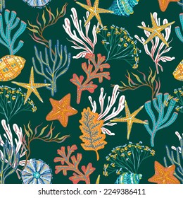 Beautiful seashells, corals and starfishes Seamless pattern ,Marine background. Vector illustration hand drawn pop colour ,Design for fashion , fabric, textile, wallpaper, wrapping and all prints 
