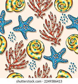 Beautiful seashells, corals and starfishes Seamless pattern ,Marine background. Vector illustration hand drawn pop colour ,Design for fashion , fabric, textile, wallpaper, wrapping and all prints 
