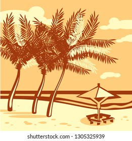Beautiful seaside beach. Sea, sand, palm silhouette. Retro style drawing.