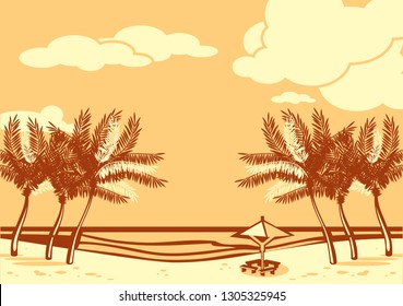Beautiful seaside beach. Sea, sand, palm silhouette. Retro style drawing.