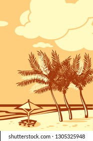 Beautiful seaside beach. Sea, sand, palm silhouette. Retro style drawing.