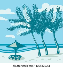 Beautiful seaside beach. Sea, sand, palm silhouette. Retro style drawing.