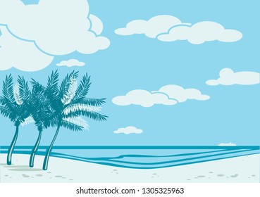 Beautiful seaside beach. Sea, sand, palm silhouette. Retro style drawing.