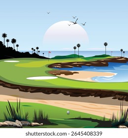 Beautiful seaside golf course vector illustration.