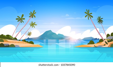 Beautiful Seaside Landscape Summer Beach With Mountains, Blue Water And Palm Trees Exotic Resort Horizon Flat Vector Illustration