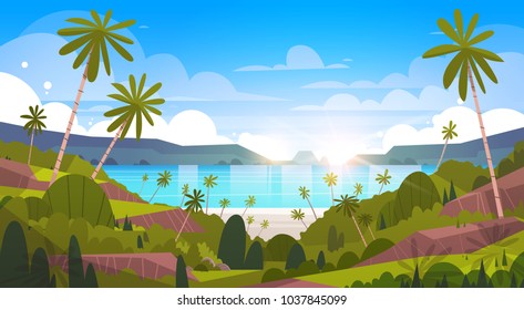 Beautiful Seaside Landscape Summer Beach With Palm Tree Exotic Resort View Flat Vector Illustration