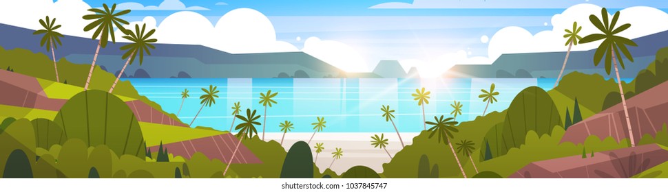 Beautiful Seaside Landscape Summer Beach With Mountains, Blue Water And Palm Trees Exotic Resort Horizon Flat Vector Illustration