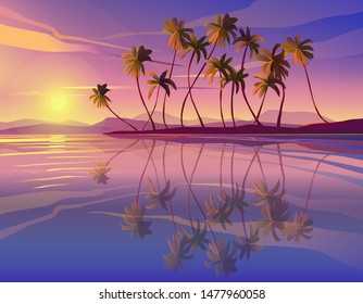Beautiful seaside sunset. Decline, ocean, palm trees.