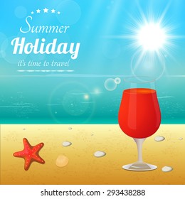 Beautiful Seaside View with Cocktail, Starfish, Shells and Place For Your Text