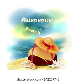 Beautiful seaside view on sunny day with bag, shells and straw hat