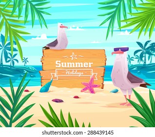 Beautiful seaside view on sunny day with seagull, sand, shells and palm leaves. Summer holidays vector background.