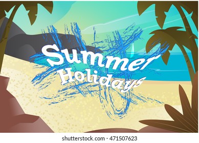 Beautiful seaside view on sunny day with sand and palm leaves. Summer holidays vector background.