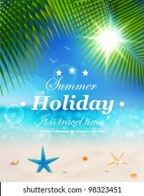 Beautiful seaside view on sunny day with sand, shells and palm leaves. Summer holidays vector background.