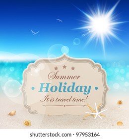 Beautiful seaside view with vintage greeting card, sand and shells.