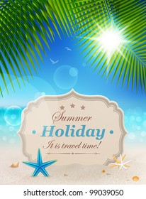 Beautiful seaside view with vintage greeting card, sand and palm leaves. Summer holiday vector background.